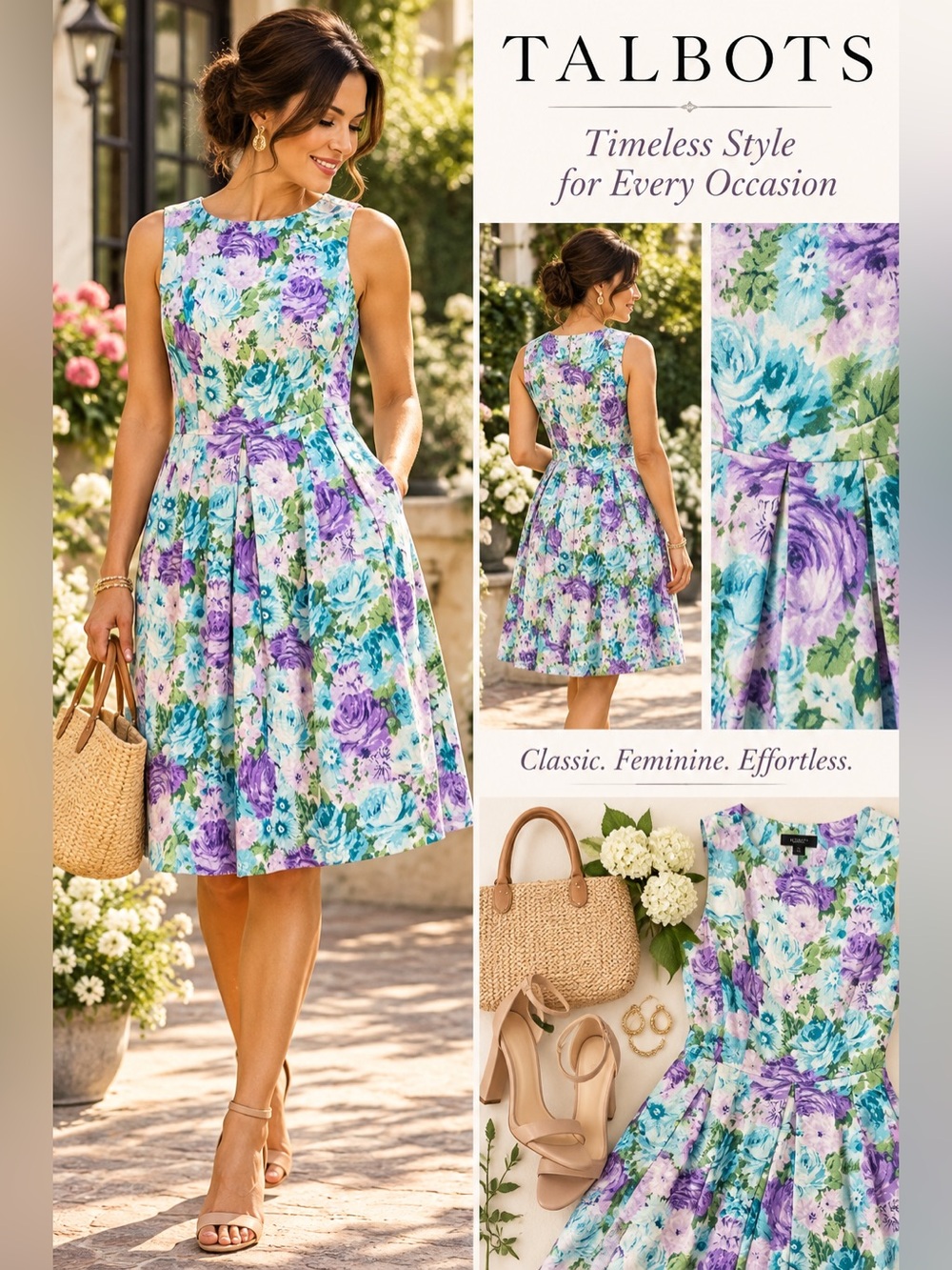 Talbots Sleeveless Floral Fit-and-Flare Dress in Purple, Aqua, and Green